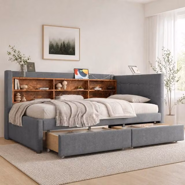 Letto da giorno 90x200 cm in lino grigio con 2 cassetti; USB e Type-C