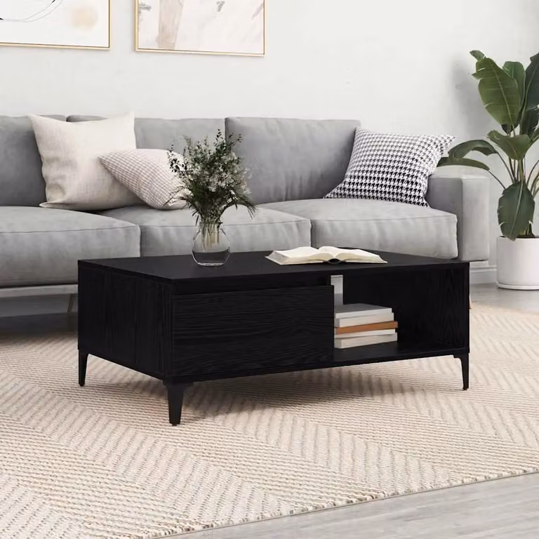 Tavolino da salotto vidaXL in stile industriale con piano in legno rovere e struttura in metallo nero, L 90 cm x P 60 cm x H 35 cm