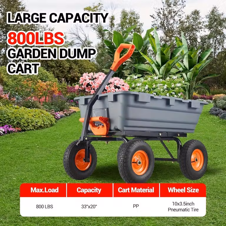 Carrello da giardino con funzione ribaltabile – Capacità di carico: 362 kg – Carrello trasportatore a 4 ruote – Struttura in acciaio