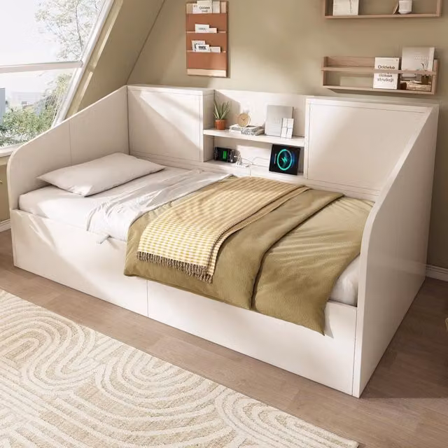 Letto singolo a divano con contenitore idraulico 90x190 cm; 2 ripiani e USB/Type-C; legno bianco