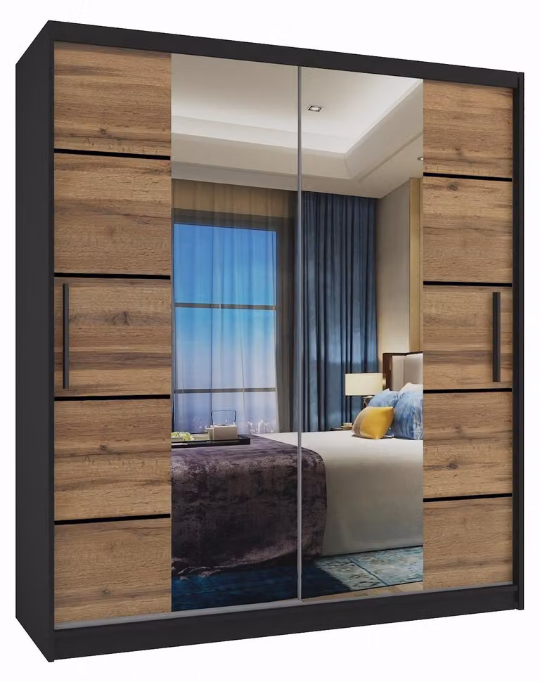 BELINI Verona, armadio scorrevole da 133 cm, nero/marrone dorato opaco - armadio con specchio e 2 cassetti, ideale per la camera da letto