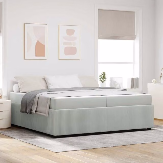 Struttura letto moderna vidaXL in tessuto grigio con legno, L/P/H: 200 x 200 x 66 cm – 1