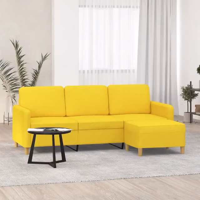 Divano a 3 Posti con Poggiapiedi-Sofa 3 Posti con Poggiapiedi Giallo Chiaro 180cm in Tessuto 873631