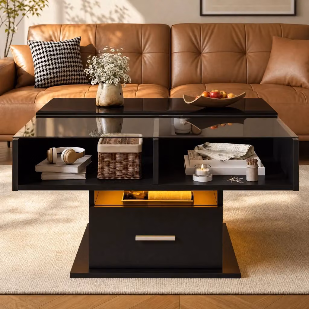 Tavolino da salotto quadrato MODFU nero con piano in vetro e meccanismo sollevabile L/P/H: 78 x 78 x 59,5 cm – 2