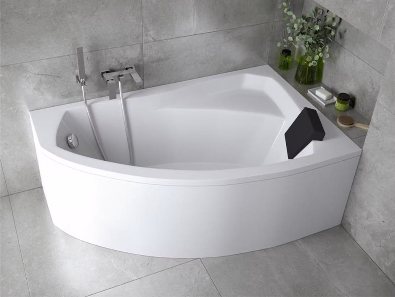 Vasca da bagno angolare 130x85 destra con grembiule in acrilico, set di scarico e piedini GRATIS | Set completo 5in1 Vasca da bagno originale in acrilico Siphon | BADLAND RIMA