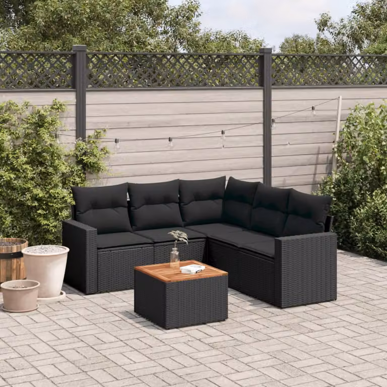 Set Divano da Giardino vidaXL 6 pz a Forma a L con Cuscini Nero in Polyrattan e Legno di Acacia
