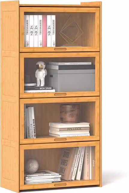 Libreria a 4 ripiani in bambù naturale con ante in acrilico per soggiorno e studio, mobile scaffale robusto e salvaspazio