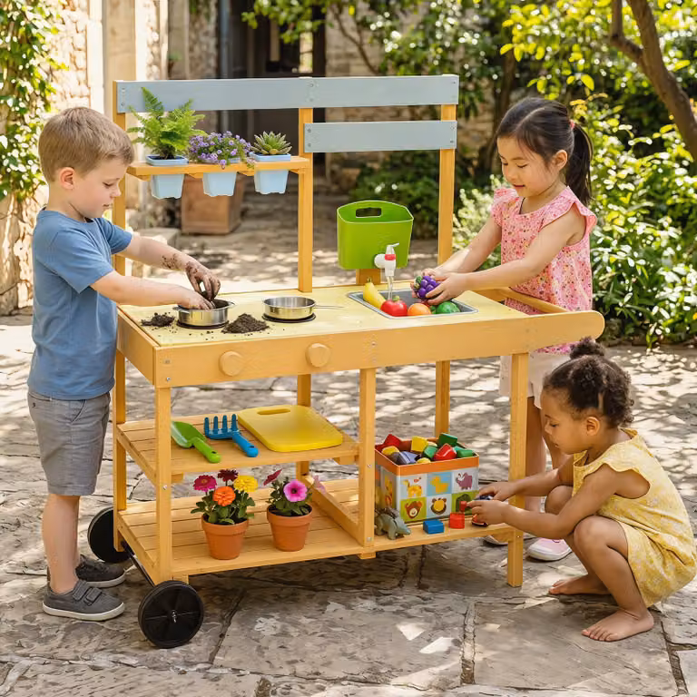 Cucina giocattolo in legno Costway per bambini con vasi, padella e utensili, multicolore
