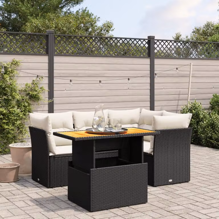 vidaXL Set Divano da Giardino a L con Tavolino e 5 Cuscini in Polyrattan e Legno di Acacia Nero e Bianco