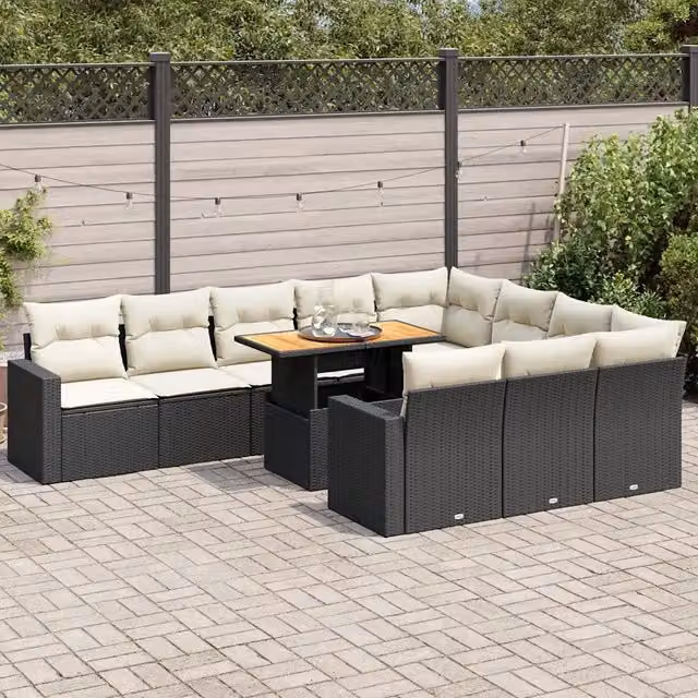 Set di Divani da Giardino vidaXL in Polyrattan Nero con Cuscini e Tavolino da Esterno 11 Pezzi – 1