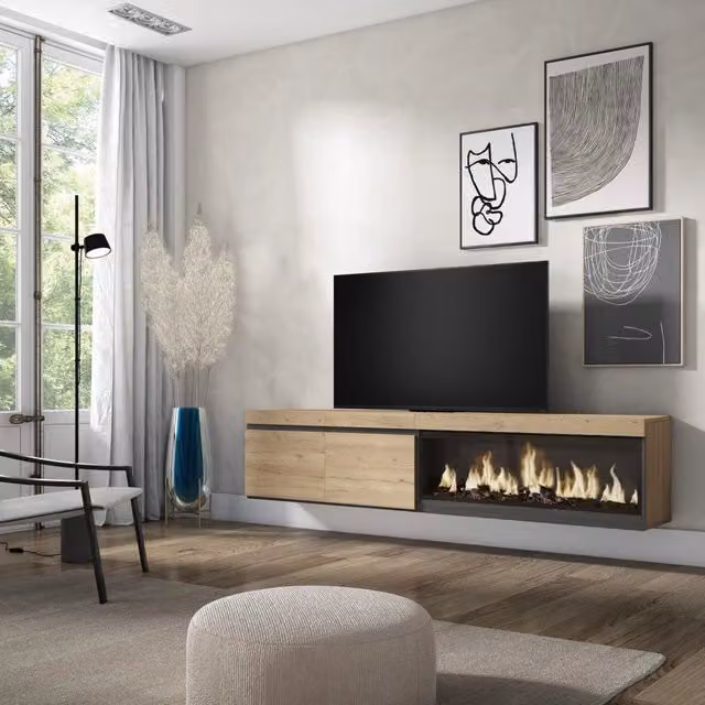 Mobile TV Soggiorno, 208x35x45cm, Per TV fino a 80", Camino elettrico XXL, da appendere, colore Rovere RF3281
