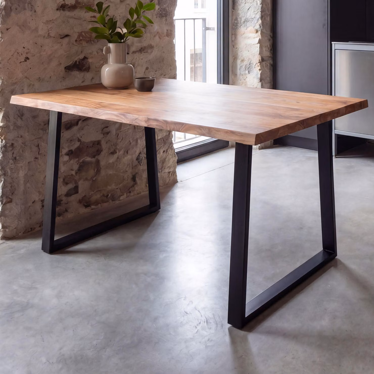 FineBuy Tavolo da pranzo 120 cm rettangolare in legno massello di acacia con bordo naturale - Tavolo da pranzo industriale in legno massello naturale - Tavolo da cucina - Tavolo con bordo naturale