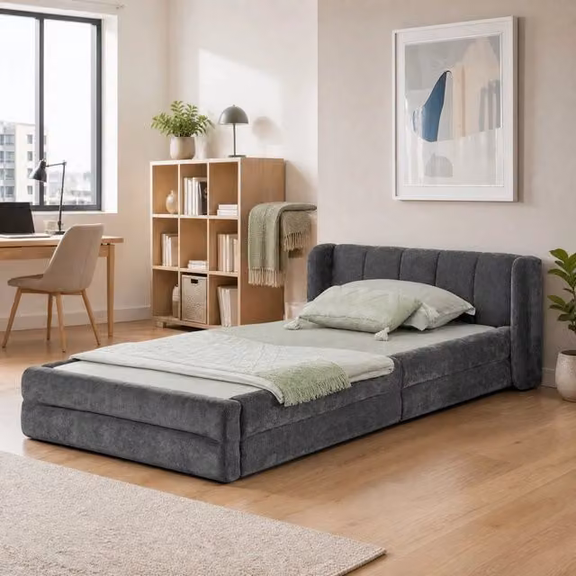 Letto singolo 90x200 cm in ciniglia grigio scuro con testiera imbottita