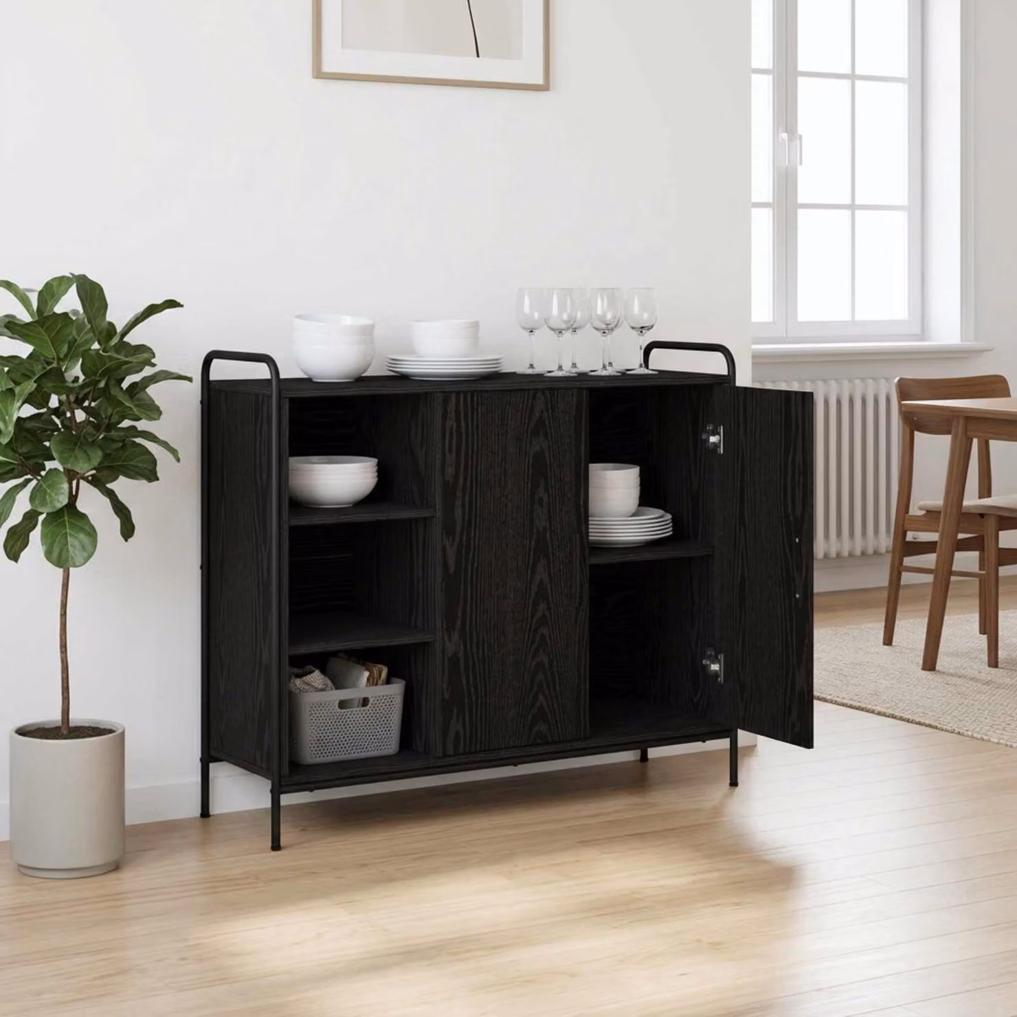 Credenza moderna vidaXL in legno ingegnerizzato e metallo, colore nero opaco, L: 98,5 cm, P: 23,71 cm, H: 81 cm