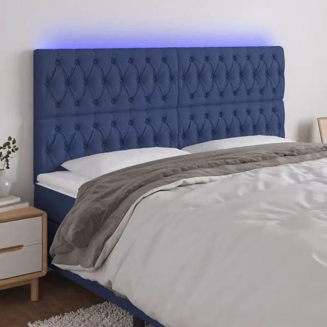 Testiera per letto moderna vidaXL in tessuto blu con illuminazione LED e porta USB, L: 180 cm, P: 7 cm, H: 118-128 cm