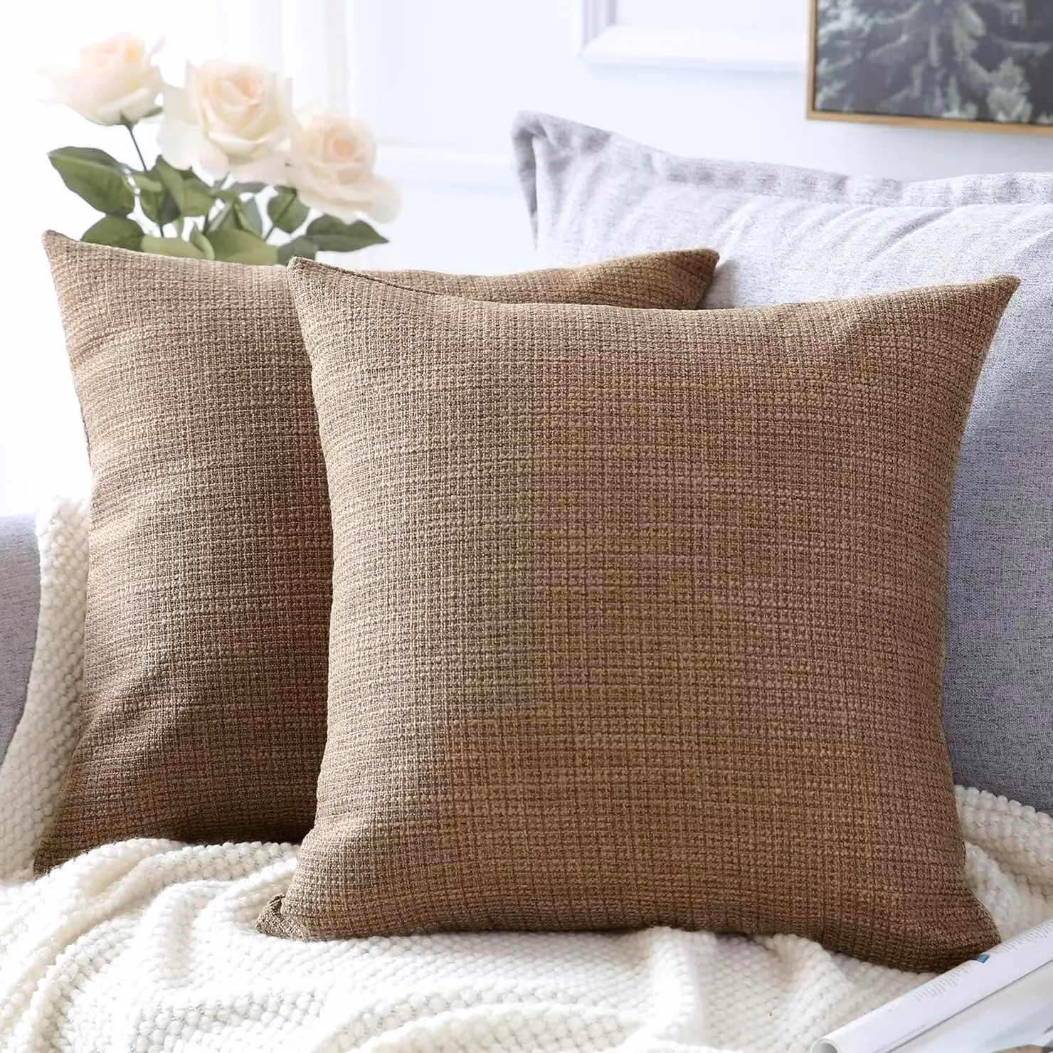 Coperte per cuscini, set da 2, in lino, decorative, quadrati, dimensioni 60 x 60 cm, per l'arredamento della casa, divano, camera da letto, auto (marrone, 24 x 24)