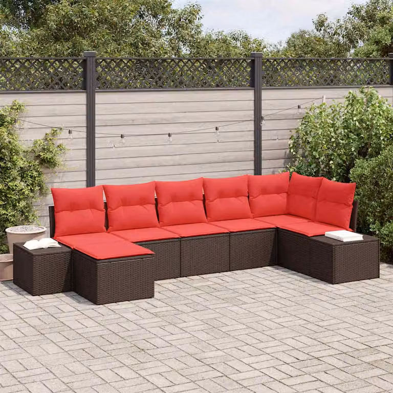 Maison Exclusive - Set da giardino composto da 7 pezzi, divano, in rattan sintetico, color marrone e rosso