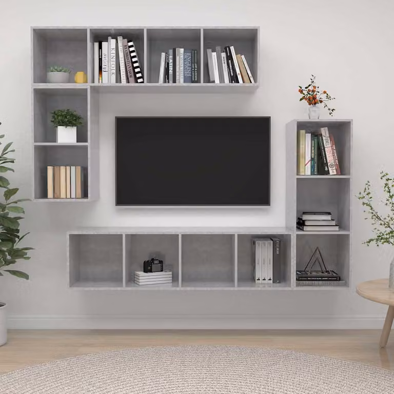 Set di mobili porta TV moderno vidaXL in 4 pezzi, colore grigio cemento, realizzato in legno e MDF per il tuo soggiorno
