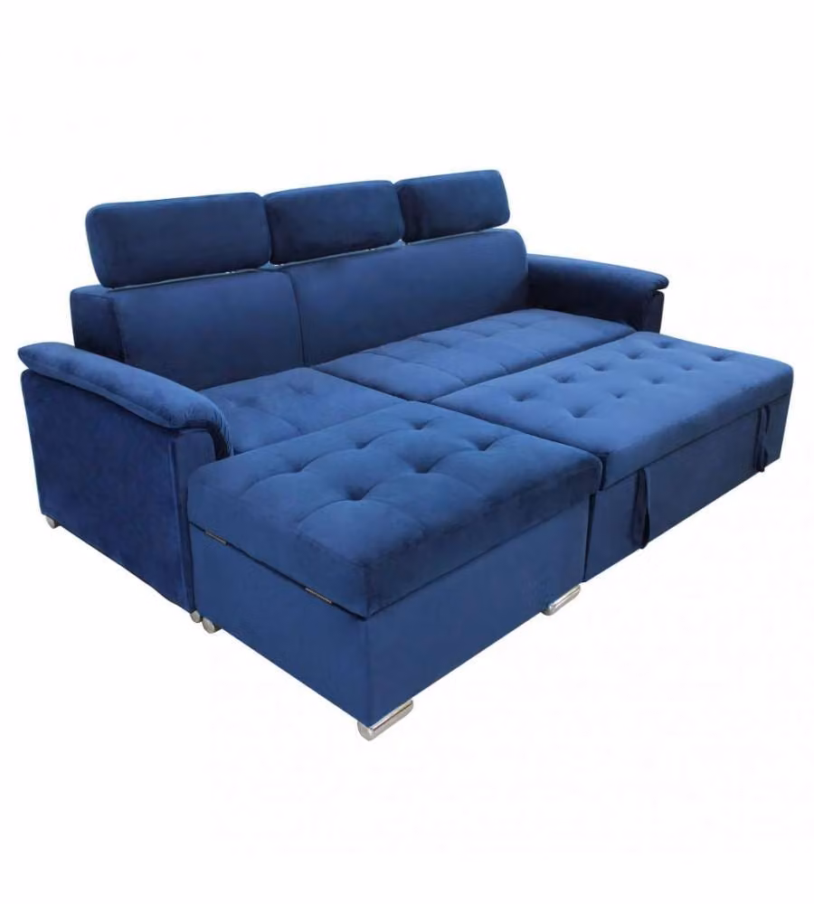 Divano Letto Cosma Derrick Blu a Forma a L con Contenitore e Poggiatesta Regolabile in Velluto – 1