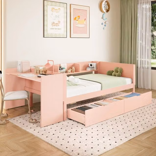 Struttura letto 90x200 cm rosa con scrivania e vani contenitore, senza materasso