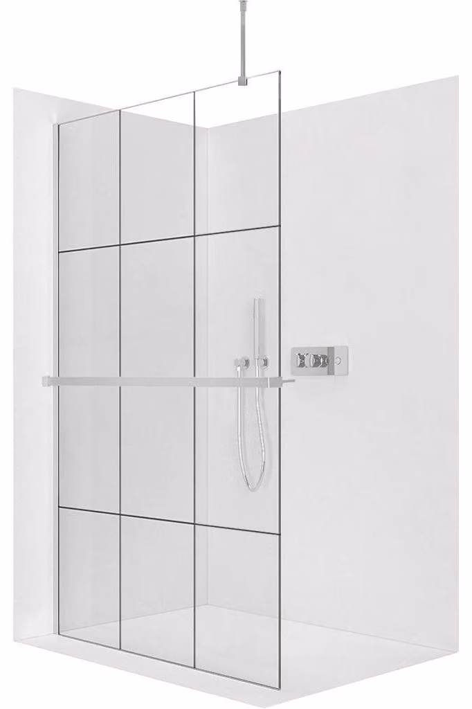 Pannello doccia angolare Walk-in Onyx Top Round L/P - 8 mm - montante rotondo + ripiano/portasciugamani - cromato, vetro industriale - 90x200 cm