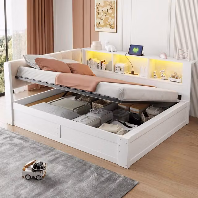 Letto singolo 90x200 con contenitore idraulico; LED multicolore; prese USB e USB C; lino e MDF; beige