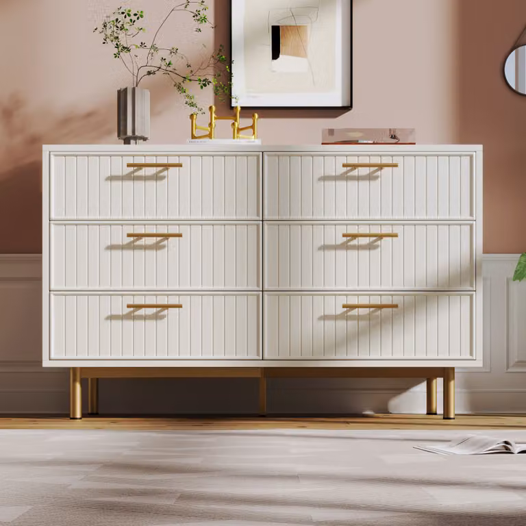Cassettiera Flieks con 6 cassetti, mobile da soggiorno con gambe in metallo dorato, credenza cassettiera alta 120x40x75,5 cm, bianco