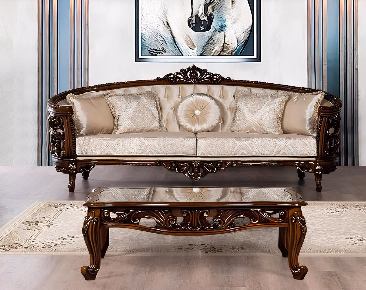 Dreisitzer Sofa 3 Sitz Klassische Möbel Sofas Stoff Stil Barock Rokoko Luxus