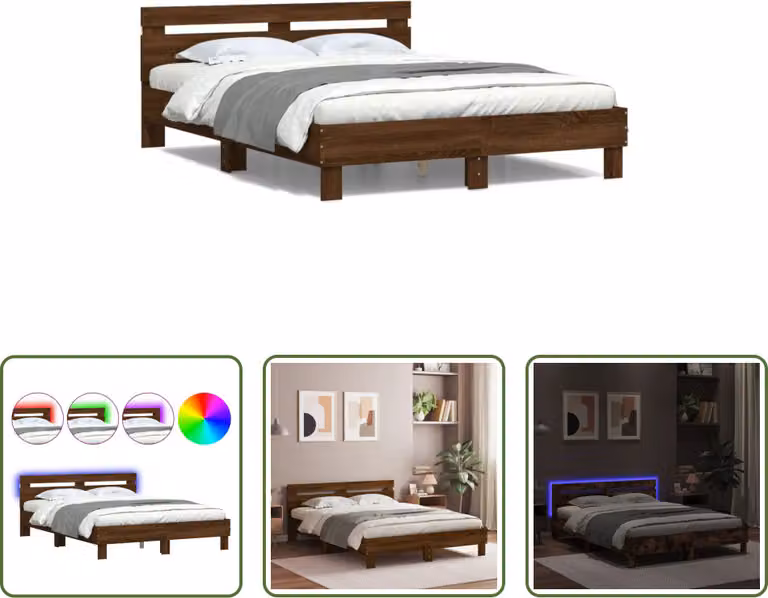 The Living Store Struttura letto con testiera Illuminazione a LED Aspetto rovere marrone