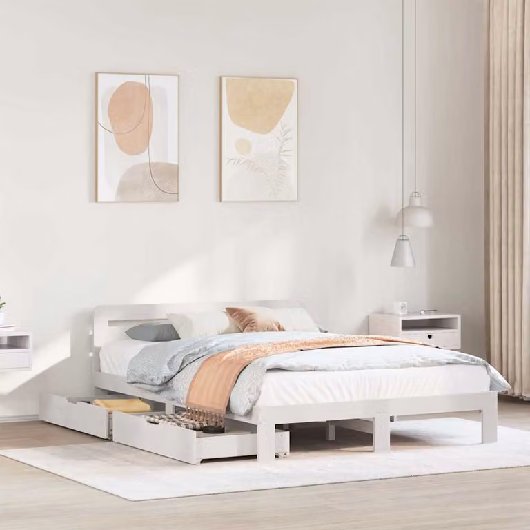 vidaXL Giroletto in legno massello di pino bianco con doghe piatte e fisse L/P/H: 200 x 140 x 65,5 cm