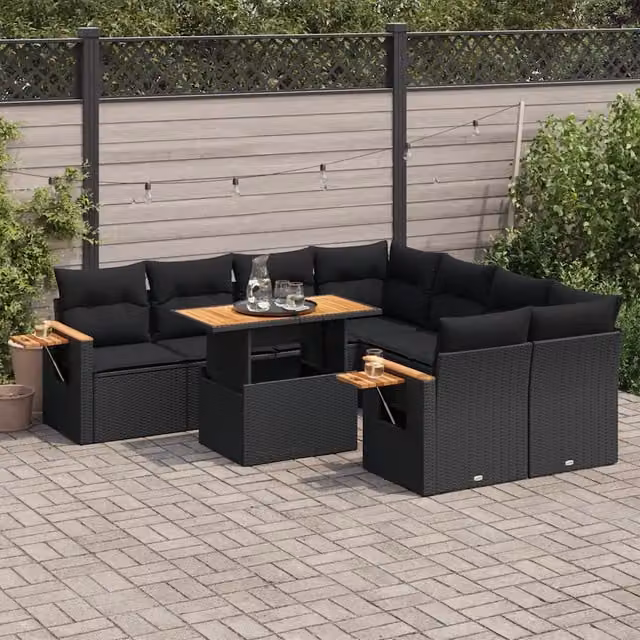 Set da giardino moderno vidaXL composto da 9 pezzi in polyrattan nero con cuscini inclusi e tavolino da caffè – 1