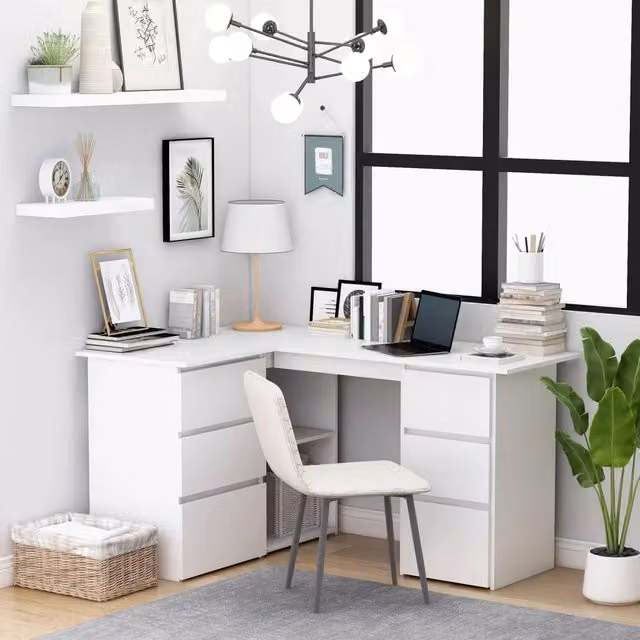 Scrivania ad angolo moderna vidaXL bianca in legno con doppio piedistallo L: 145 cm, P: 100 cm, H: 76 cm – 1