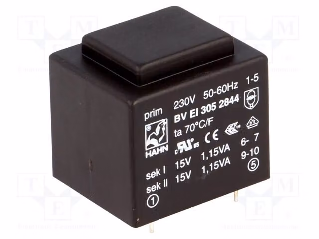 1 trasformatore: rivestito, 15V, 230VAC, 2,3VA, 15V, 76mA, 76mA, 111g, BV, EI 305, 2844 -T
