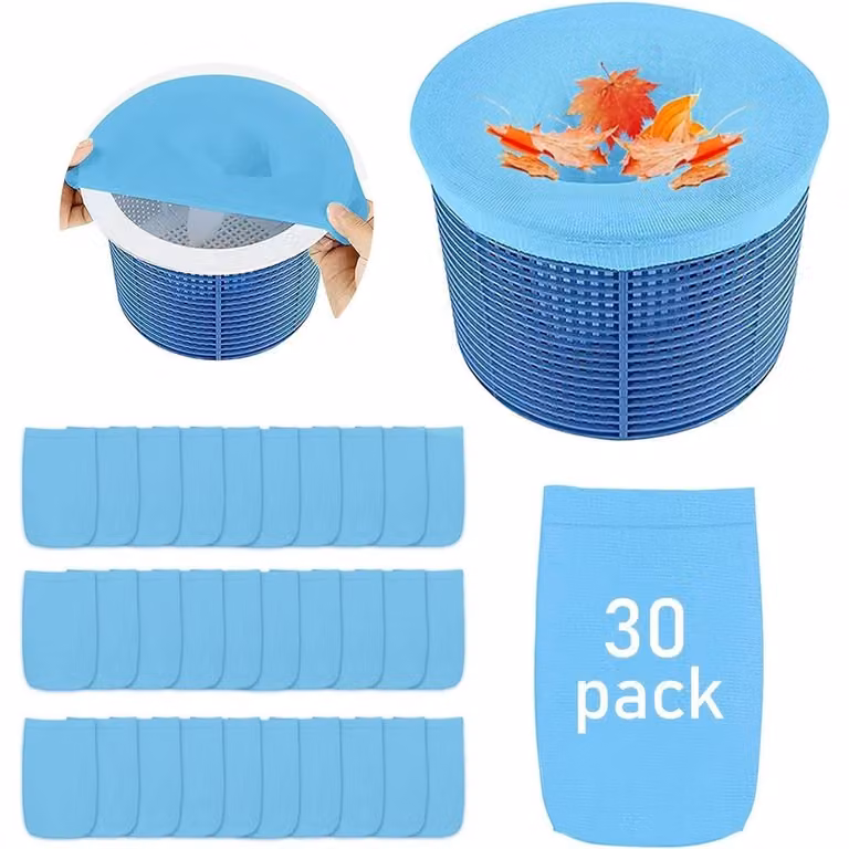 Set di 30 calze filtranti blu per skimmer, rete filtrante pre-filtro per cestello dello skimmer, calze filtranti riutilizzabili per piscine interrate e piscine fuori terra
