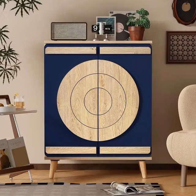 Scarpiera Moderna Minimal con Ante Geometriche e Ripiani in Legno Blu L/P/H: 98.5 x 37 x 76 cm