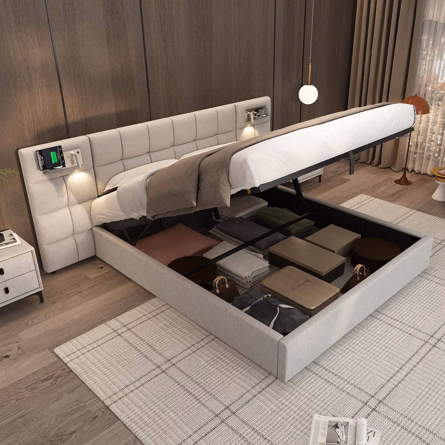 Letto imbottito 180 x 200 cm con sistema di sollevamento idraulico per lo stoccaggio, porta USB, ricarica wireless e illuminazione, testiera imbottita, rete a doghe in legno, lenzuola in lino, colore grigio