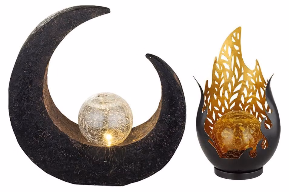 set di 2 luci solari a LED, fiamma/luna, batteria ricaricabile, nero