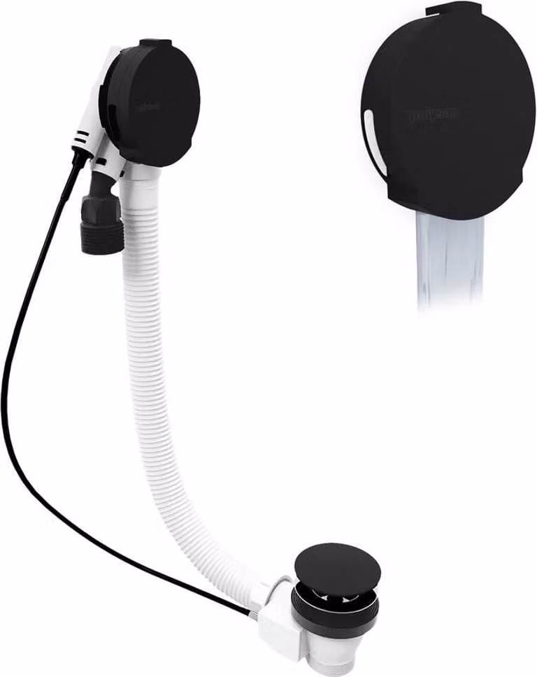 Set di scarico Polysan con bocchetta, cavo Bowden, lunghezza 1200 mm, tappo da 72 mm, nero opaco