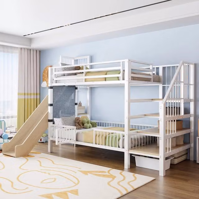 Letto a soppalco per bambini 90 × 200 cm, scivolo, scala contenitore e ripiani, senza materasso, metallo bianco
