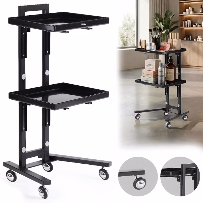 Assistente cosmetico parrucchiere per salone, carrello universale con ruote e due ripiani regolabili.