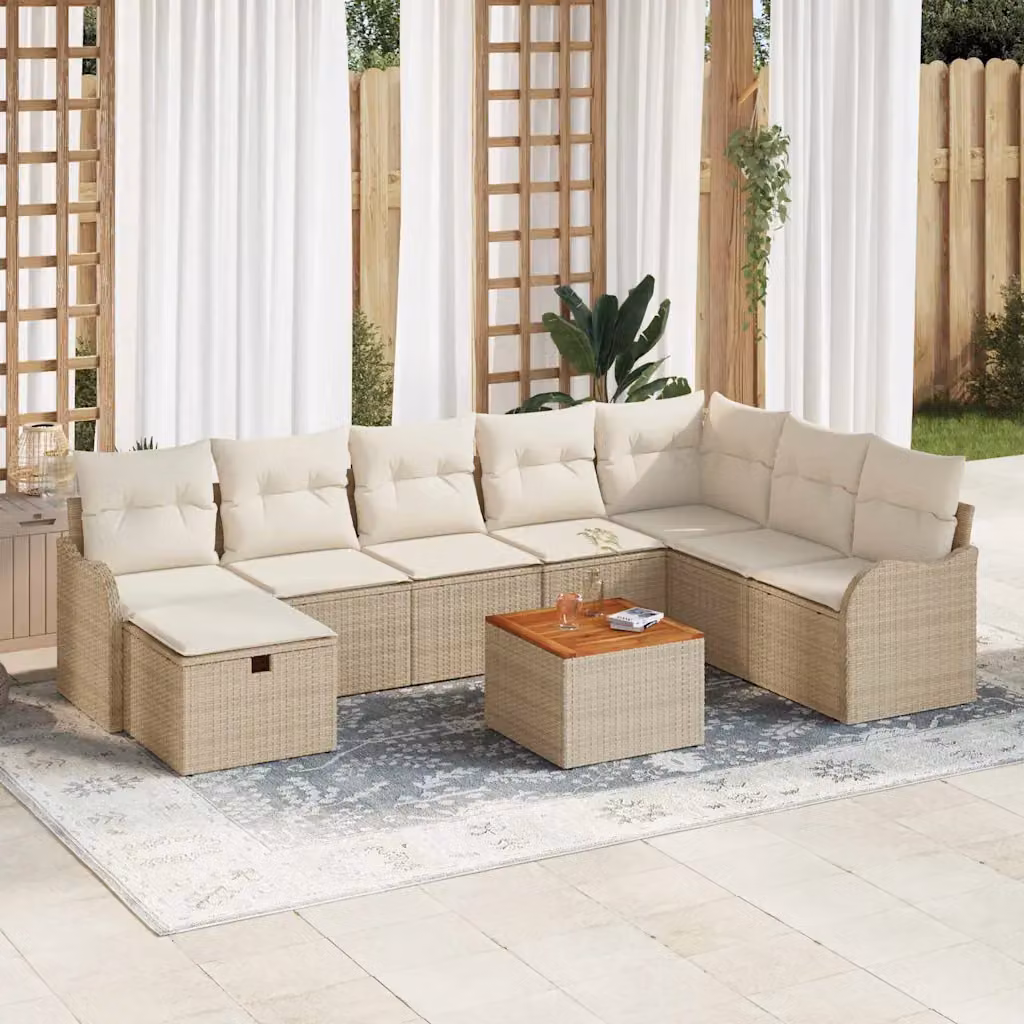 vidaXL Set Divano da Giardino a L in Polyrattan Beige con Cuscini e Tavolino – 1