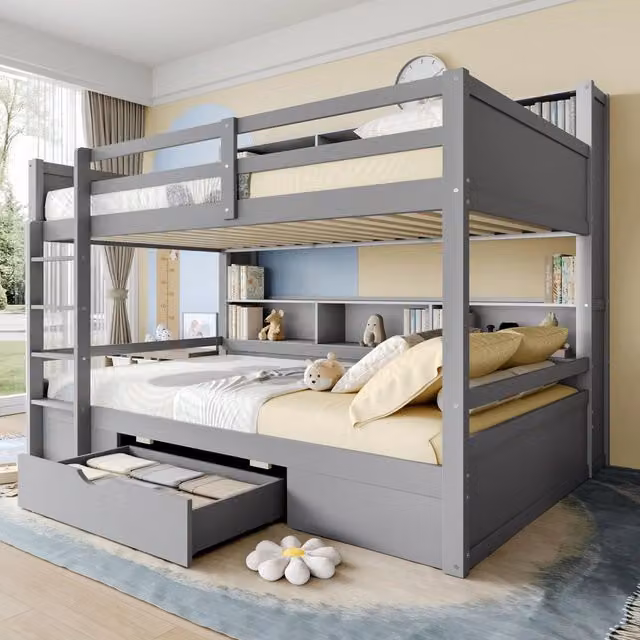 Letto a castello per bambini 90×200 cm 2 posti con cassetto e vani laterali, senza materasso, grigio