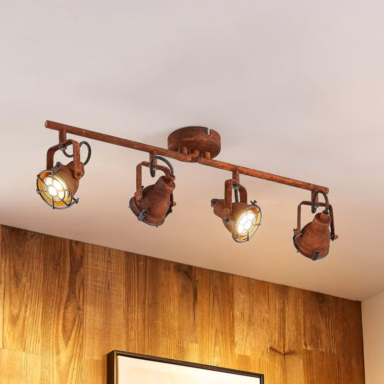 Lindby, faretto da soffitto Scabra, 63 cm, marrone ruggine, a 4 luci, metallo Scabra dimmerabile, Marrone / Ruggine, Soggiorno / Sala da pranzo, Metallo, Industriale, Faretto