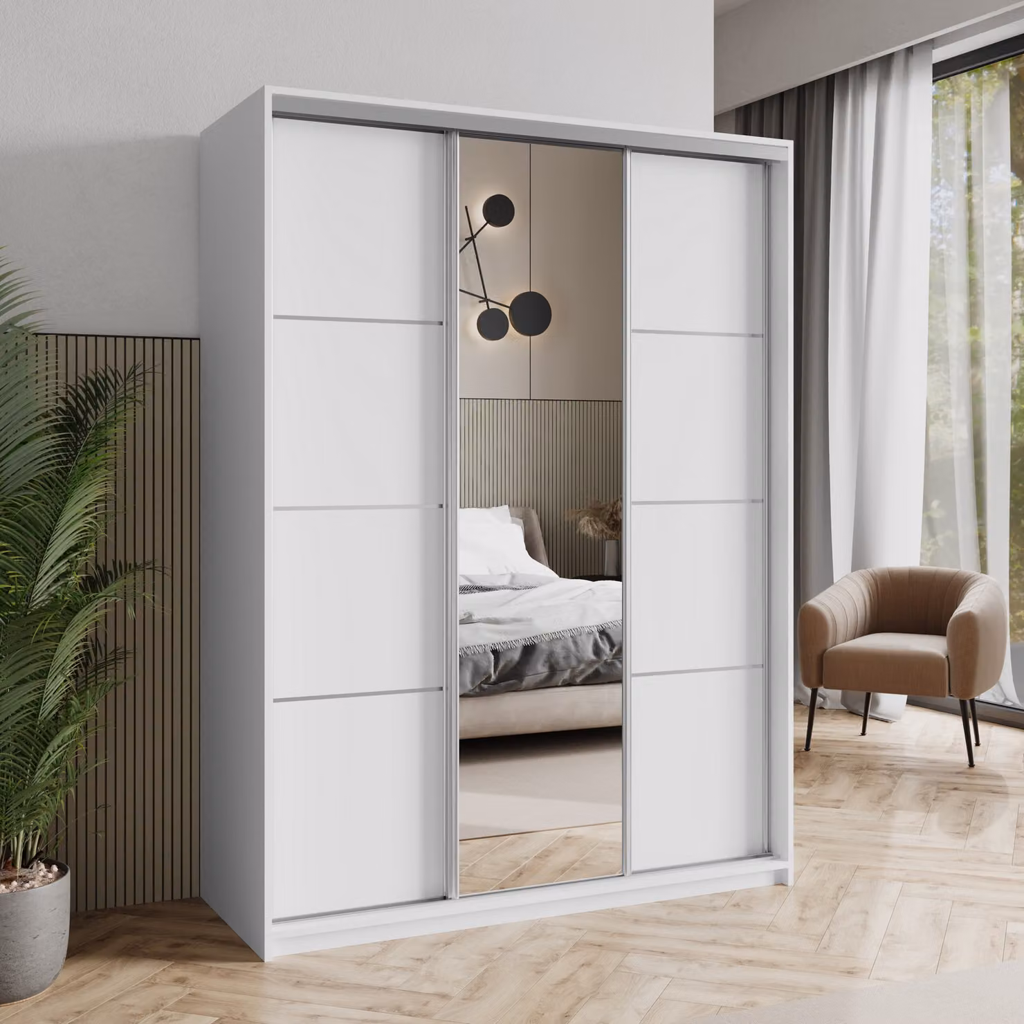 Armadio scorrevole Masseno VARO 150/205/60 cm Armadio con cassetti Armadio per camera da letto a 3 ante con specchio Bianco + satinato