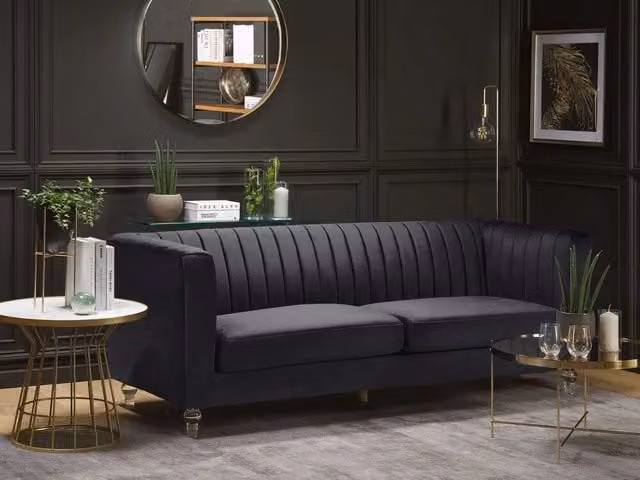 Divano Beliani a 3 posti in velluto nero stile moderno per il tuo soggiorno L: 204 cm, P: 78 cm, H: 75 cm