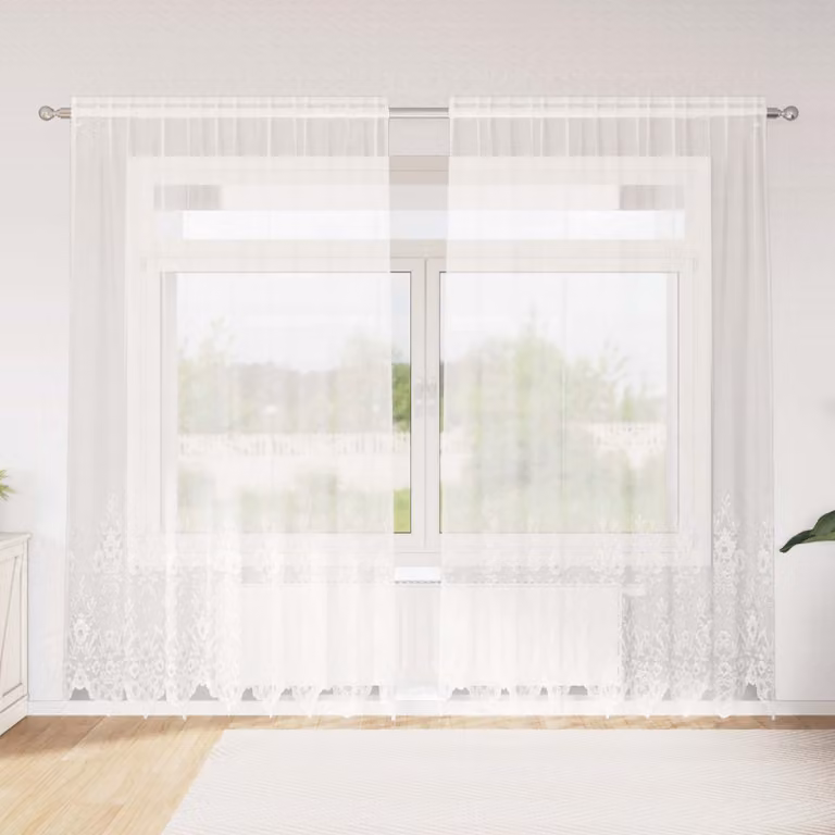 Tenda in pizzo bianca vidaXL con motivo floreale in poliestere, semitrasparente, H: 245 cm x L: 200 cm