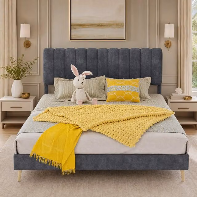 Letto matrimoniale a piattaforma in velluto olandese grigio struttura in legno e metallo senza materasso