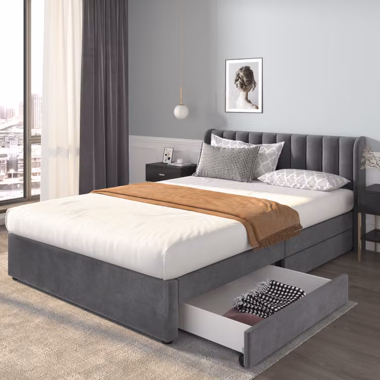Letto imbottito Merax 140x200cm con rete a doghe e 2 cassetti, letto matrimoniale in legno letto funzionale in velluto, grigio