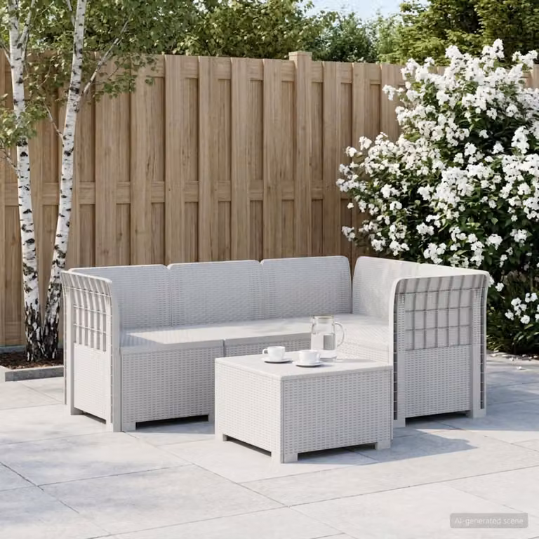 Divano da giardino a L con 4 posti vidaXL in rattan bianco e cuscini in tessuto
