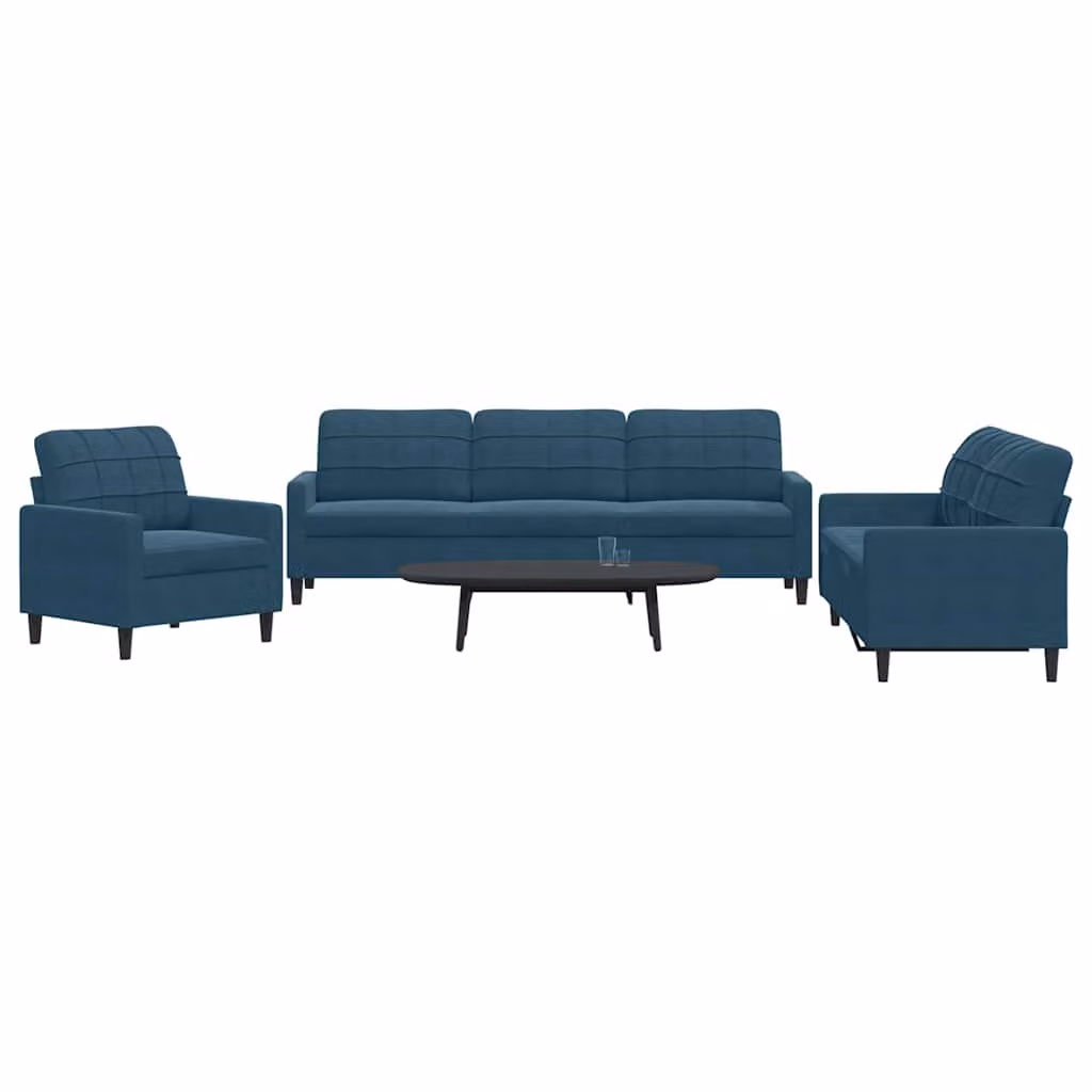Set di divani 3 pezzi vidaXL in velluto blu con cuscini e struttura in metallo per soggiorno – 1
